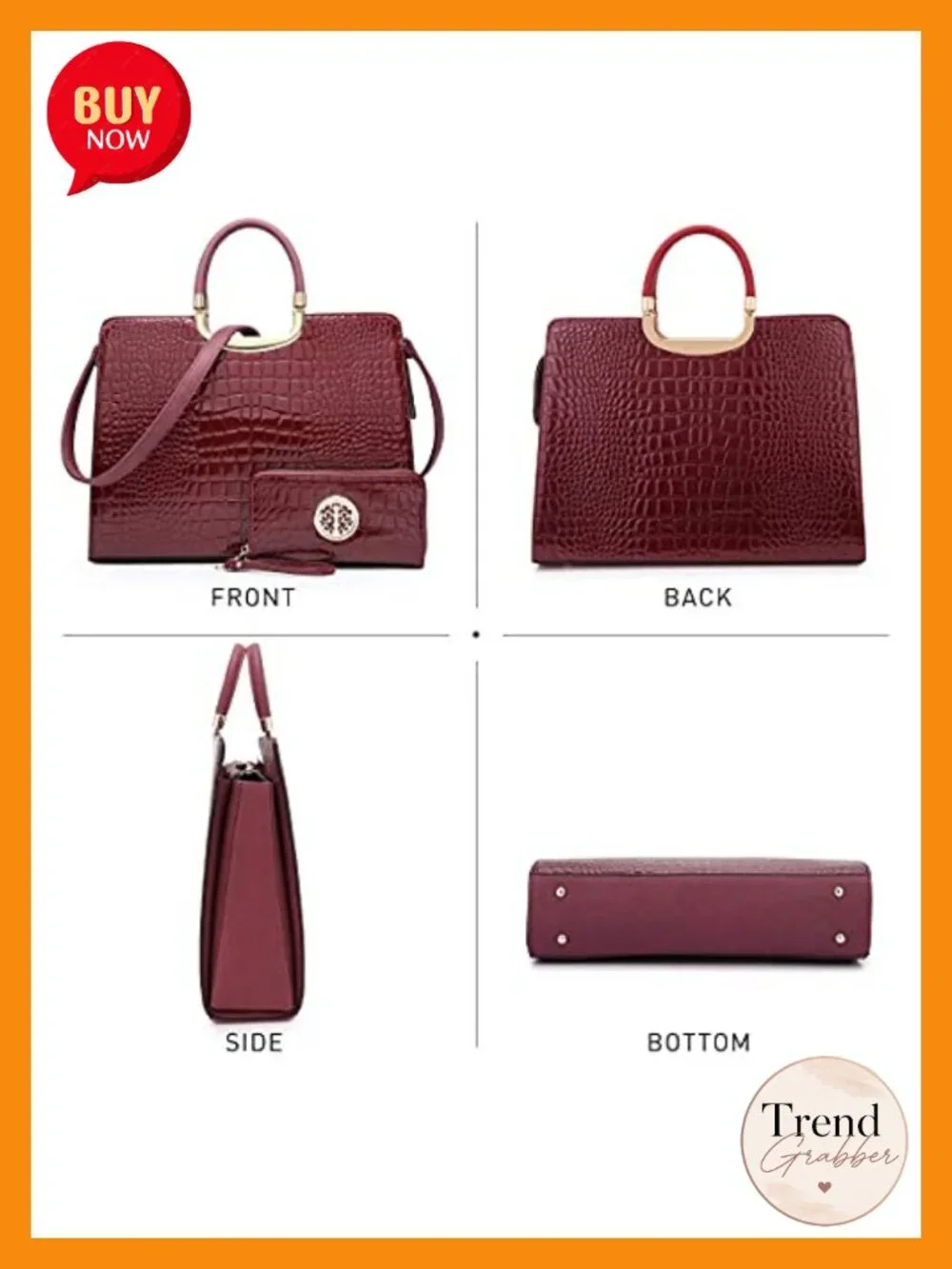 Vegan PU Croco Textured Satchel with Matching Wallet Work Bag